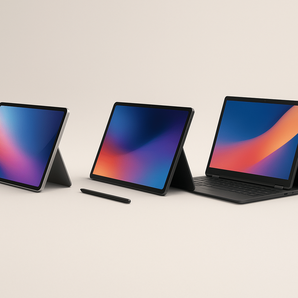 Drei Tablets mit Stift und Tastatur