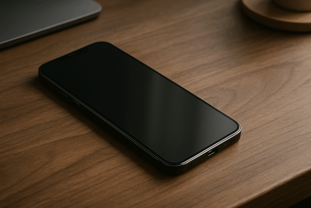 Schwarzes Smartphone auf Holztisch