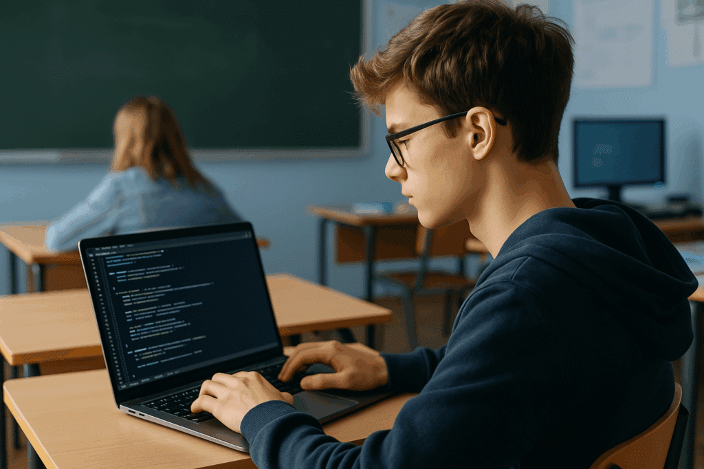 Schüler programmiert am Laptop im Klassenzimmer.