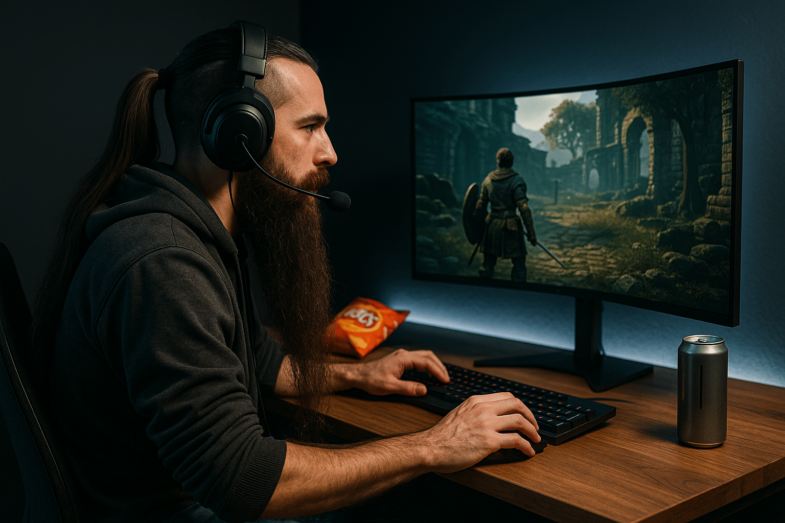 Spieler mit Gaming Headset vor großem gewölbtem Monitor in moderner Gaming-Umgebung.
