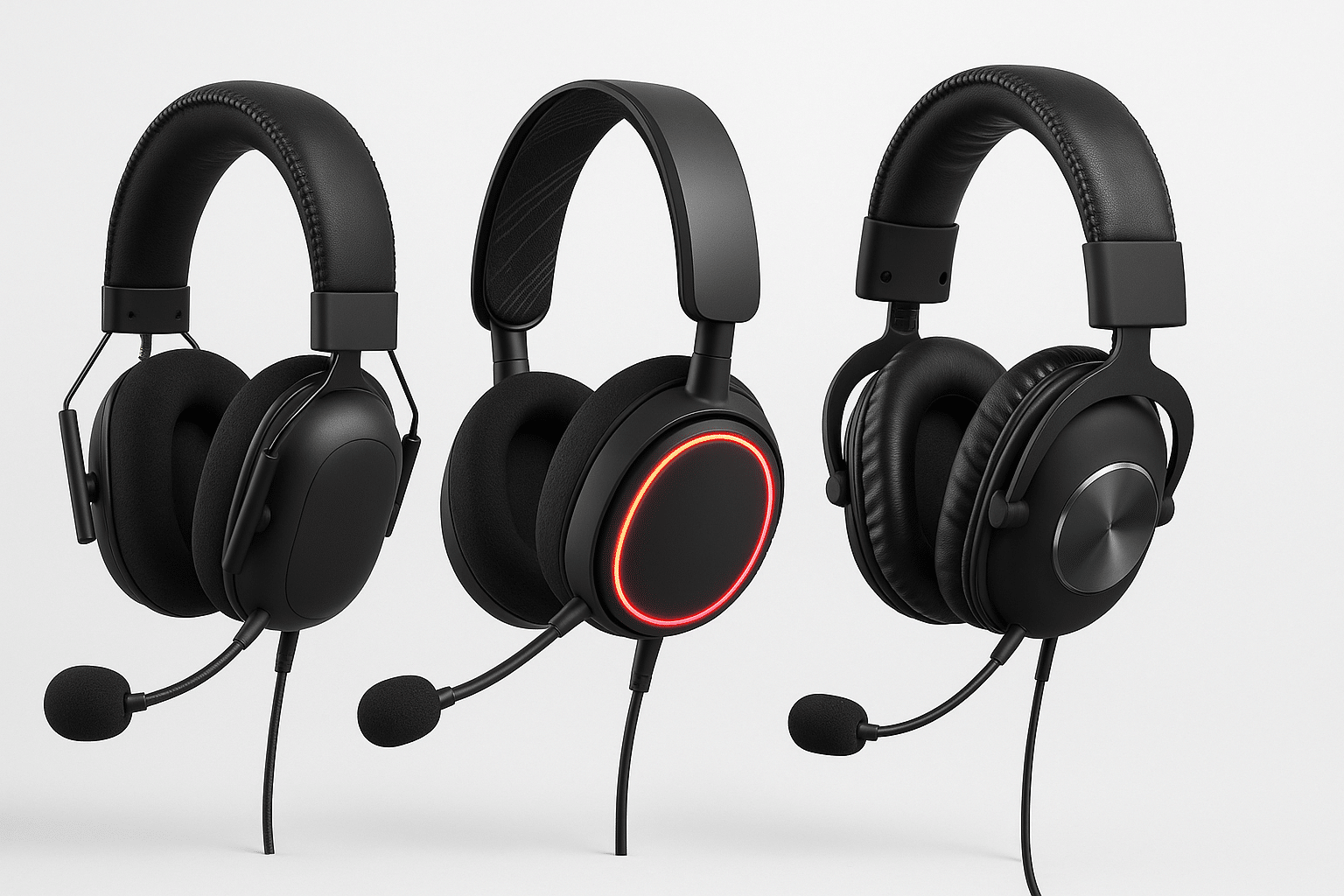 Drei moderne Gaming-Headsets mit Mikrofon im Vergleich auf neutralem Hintergrund, fotorealistische Darstellung.