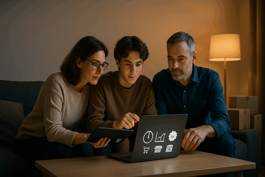 Fotorealistisches Wohnzimmer: technikaffine Eltern und Teenager vergleichen Amazon Prime Day-Angebote am Laptop/Tablet; Preisdiagramm, Countdown, Paketboxen; freier Copy-Space links.