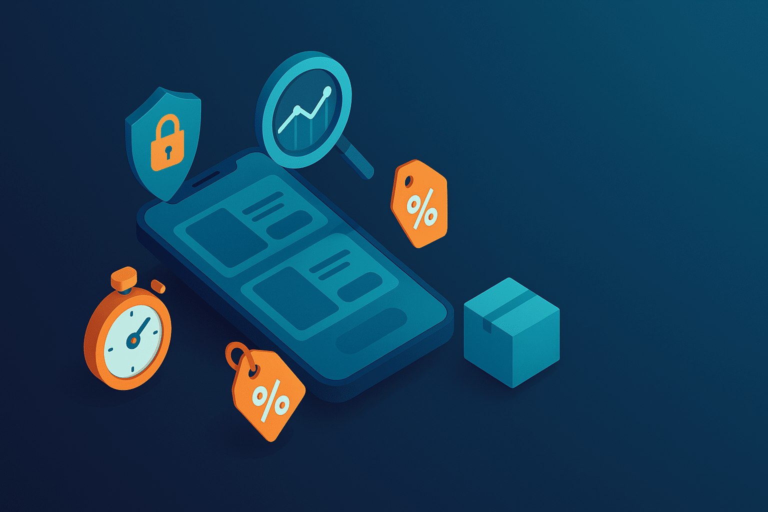 Isometrische Illustration: Smartphone-UI mit Lupe über Preisverlauf, Schild (Sicherheit), Stoppuhr (Blitzangebote), Prozent-Tag, Paket – Header für Amazon Prime Day / Prime Big Deal Day mit Copy-Space.