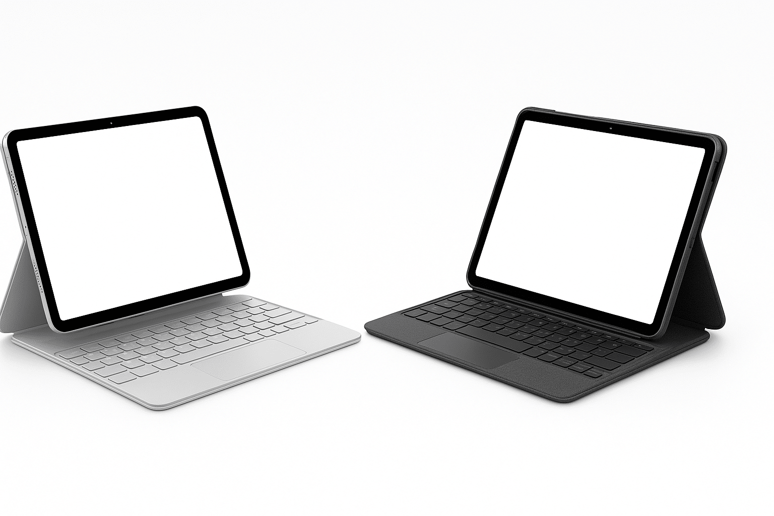Zwei iPad-Tastaturhüllen auf weißem Hintergrund: links Apple Magic Keyboard Folio, rechts Logitech Combo Touch mit Kickstand und Trackpad.
