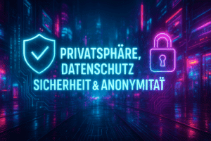 Cyberpunk-Blogheader mit Neonstadt; Titel „Privatsphäre, Datenschutz, Sicherheit & Anonymität“