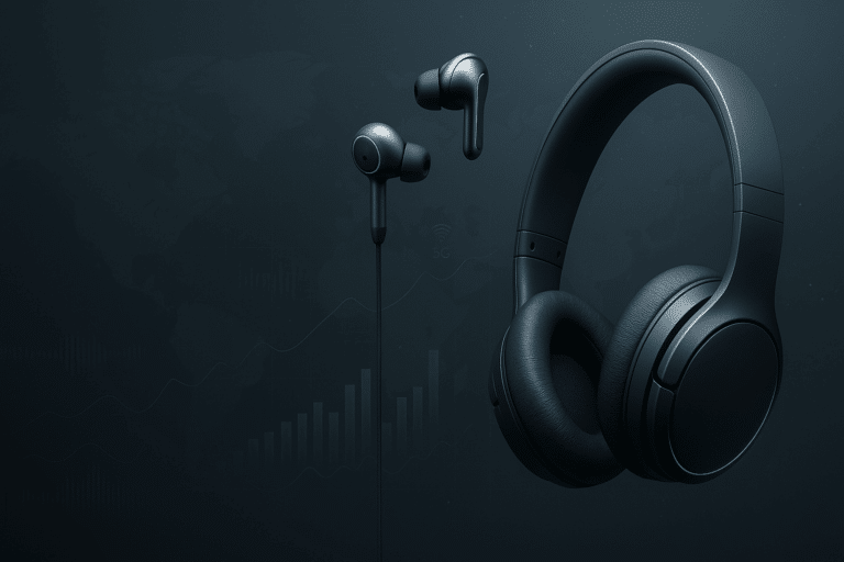 Futuristisches Headerbild mit schwebenden Over-Ear, In-Ear und True-Wireless Kopfhörer vor Weltkarte und Charts