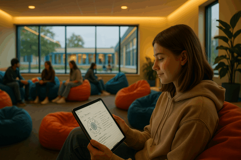 Schülerin nutzt Goodnotes auf dem Tablet in heller Schul-Lernecke mit Sitzsäcken, warmem Licht und Fensterfront zum Pausenhof