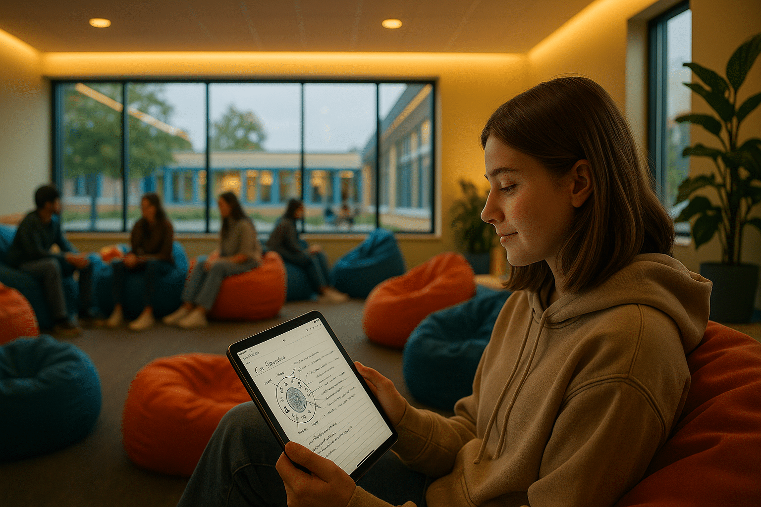 Schülerin nutzt Goodnotes auf dem Tablet in heller Schul-Lernecke mit Sitzsäcken, warmem Licht und Fensterfront zum Pausenhof