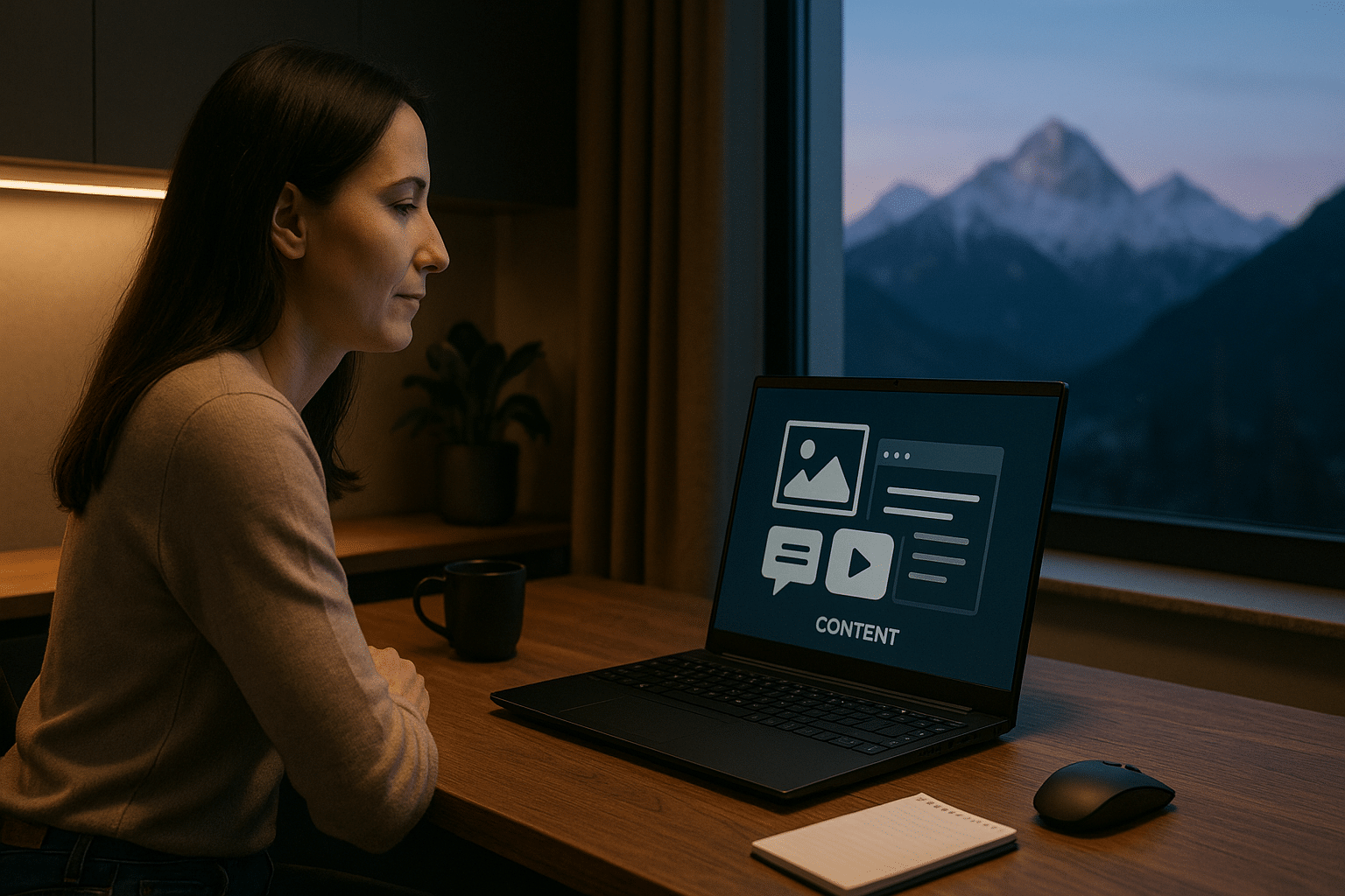 Minimalistischer Arbeitsplatz mit Lenovo Thinkpad, Notizblock, Kaffee und Panorama-Fensterfront in die Berge