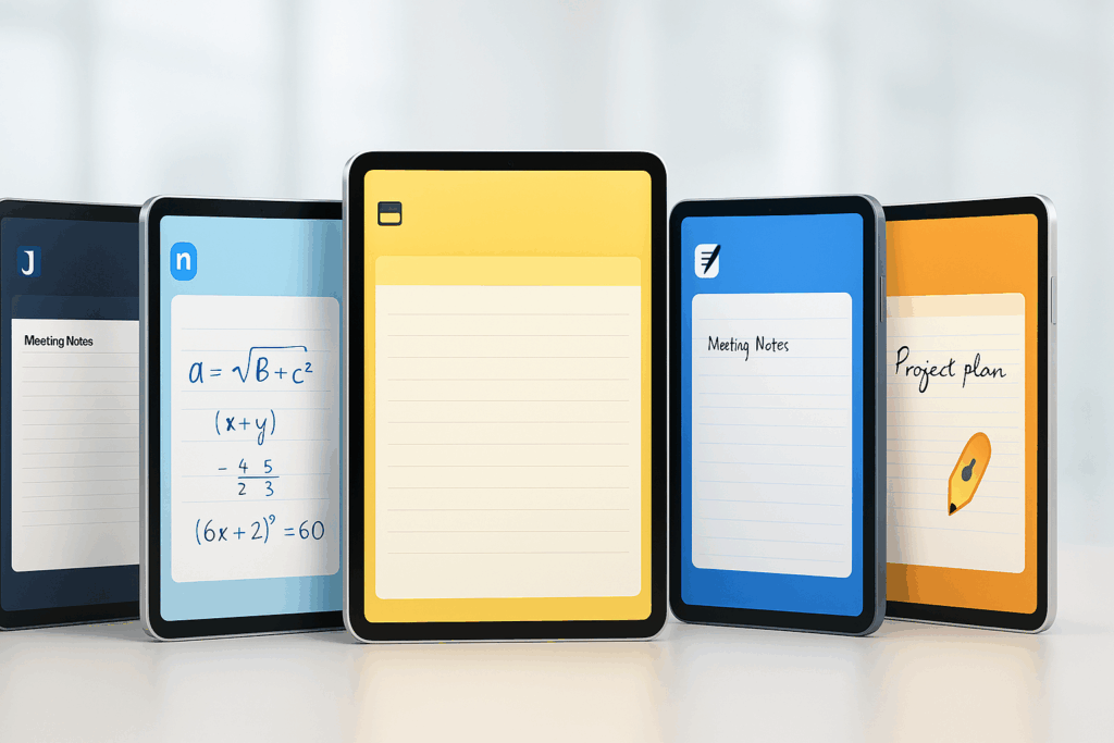 iPad-Lineup mit Notizen App Visualisierungen, farbtreu, heller Bürohintergrund, Soft Shadows.