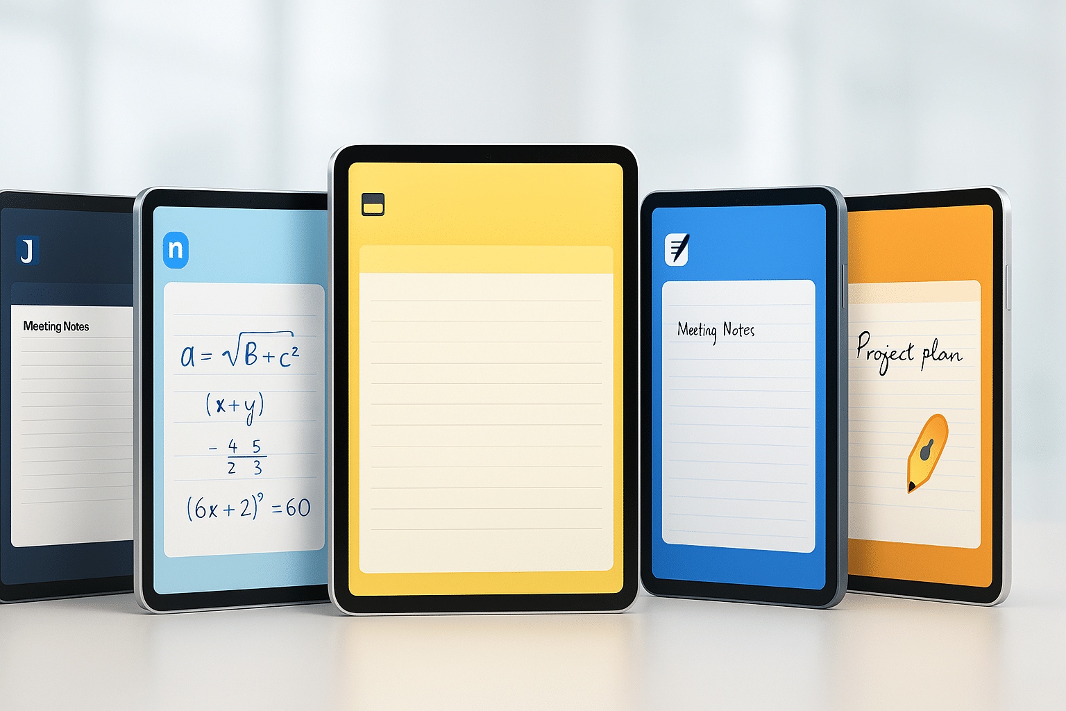 iPad-Lineup mit Notizen App Visualisierungen, farbtreu, heller Bürohintergrund, Soft Shadows.