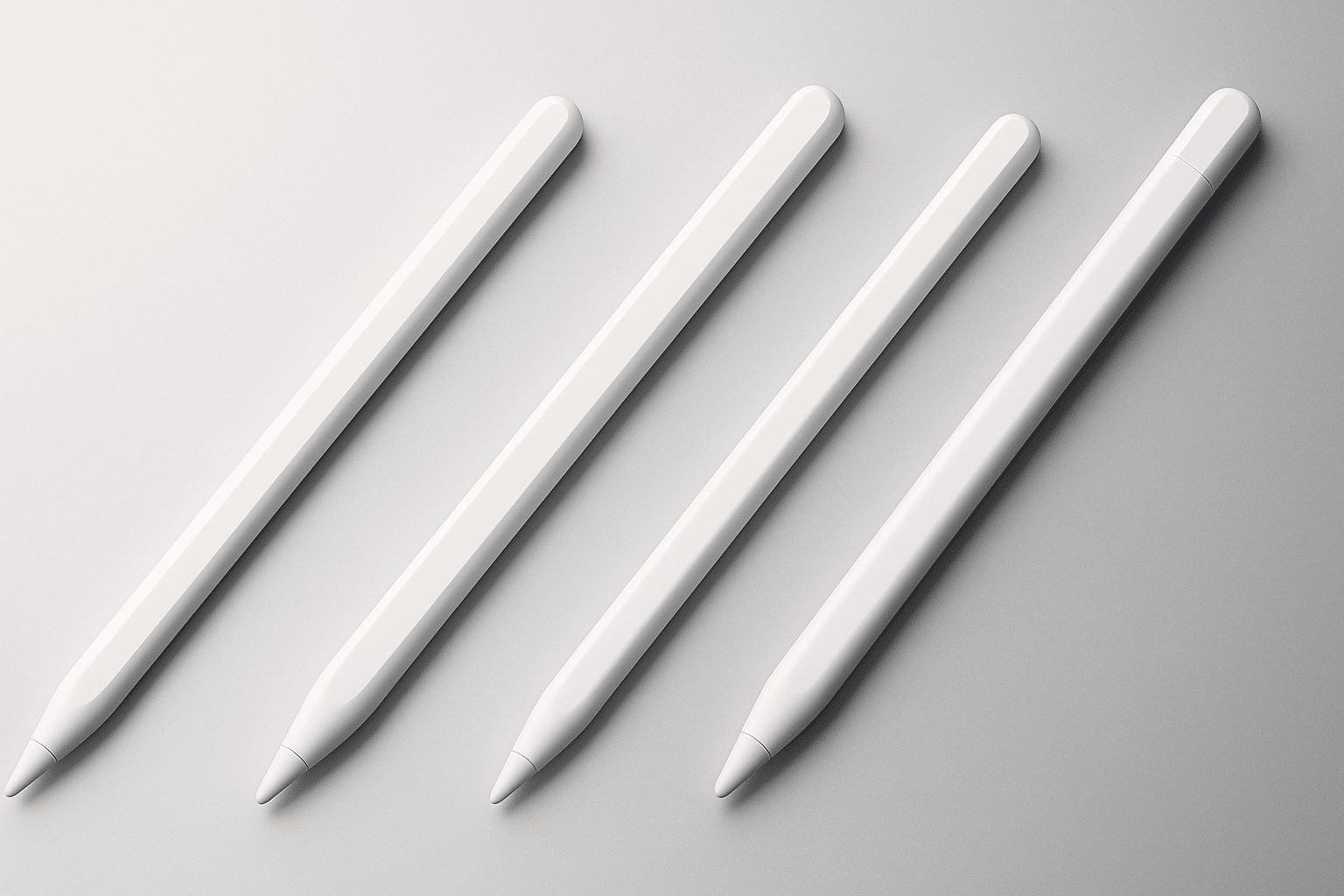 Vier stylusartige Stifte im Apple Pencil Stil, parallel angeordnet auf hellem Grau-zu-Anthrazit-Verlauf, ohne Logos.
