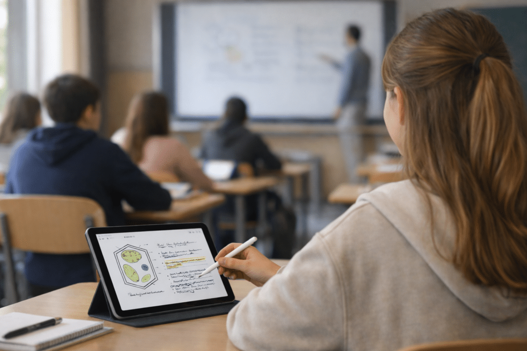 iPad Air im Schuleinsatz: Schülerin schreibt mit Stylus digitale Mitschrift