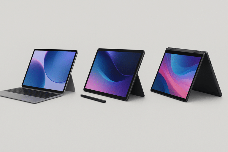 Vergleichsbild von drei Convertibles: links Laptop-Setup, mittig Tablet mit Stift, rechts ein robustes Tablet mit Standfuß.