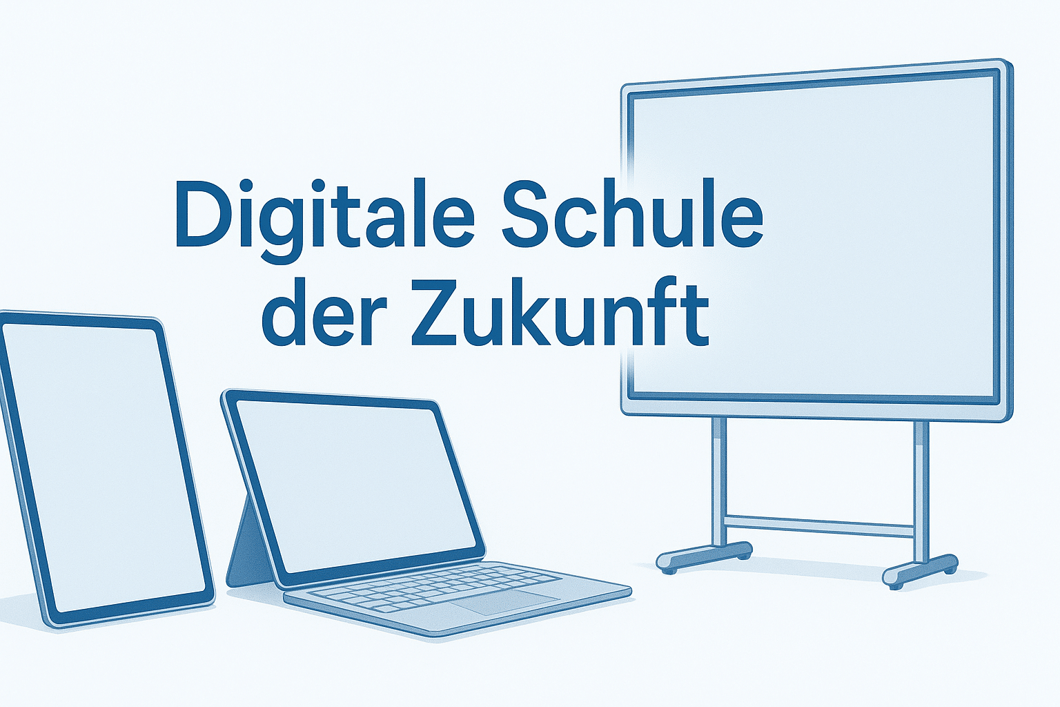 Illustration mit Tablet, Laptop und Smartboard zum Thema "Foerderantrag Digitale Schule"