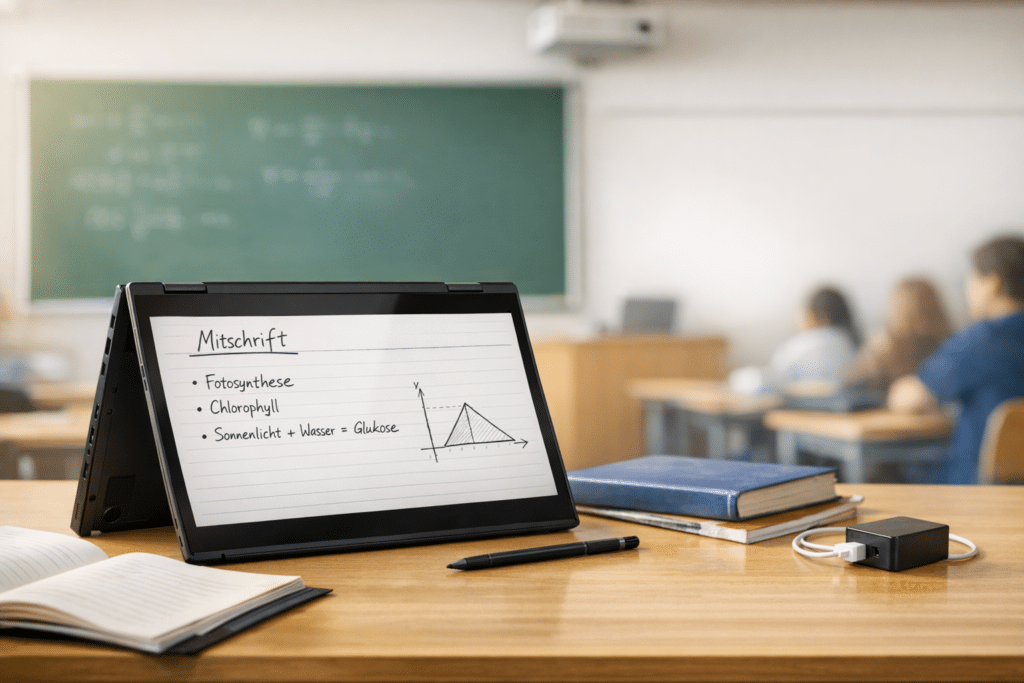 Lenovo ThinkPad L13 2-in-1 im Schulunterricht mit Stift und handschriftlicher Mitschrift
