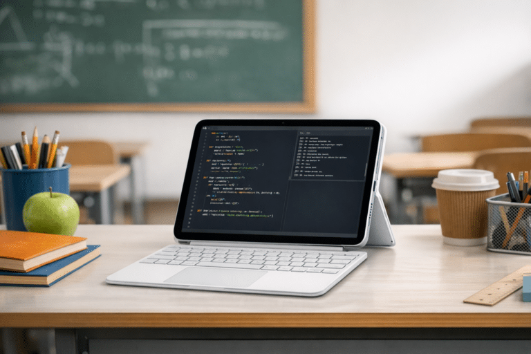 Apple iPad (A16) 2025 mit Code-Editor und Tastatur auf einem Schreibtisch im Klassenzimmer, Tafel im Hintergrund.
