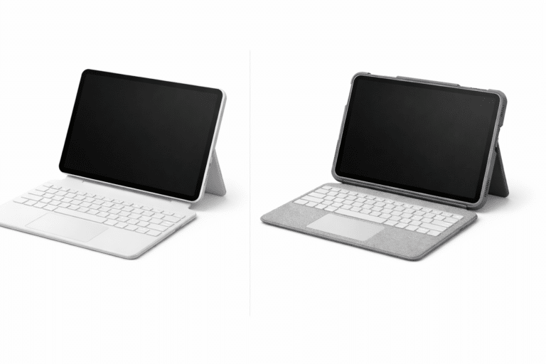 iPad Tastatur Vergleich: iPad A16 mit Magic Keyboard Folio links und Logitech Combo Touch rechts, beide mit Trackpad und Kickstand auf weißem Studiohintergrund