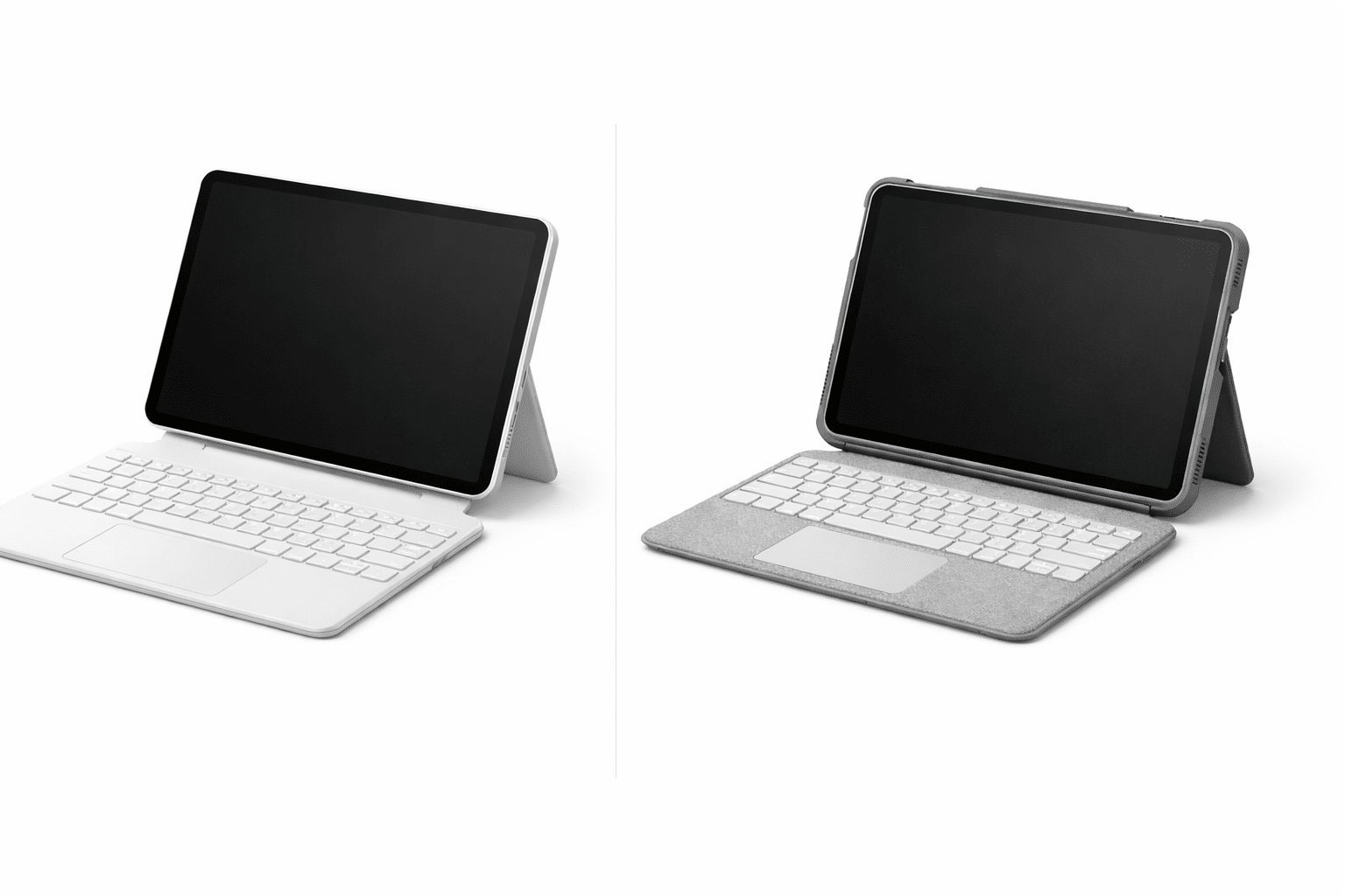iPad Tastatur Vergleich: iPad A16 mit Magic Keyboard Folio links und Logitech Combo Touch rechts, beide mit Trackpad und Kickstand auf weißem Studiohintergrund