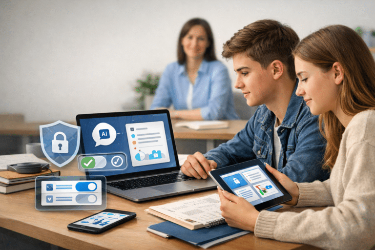 KI Tools für Schüler unterstützen den Lernalltag auf Laptop und Tablet, begleitet von visuellen Hinweisen zu Datenschutz und Sicherheit.