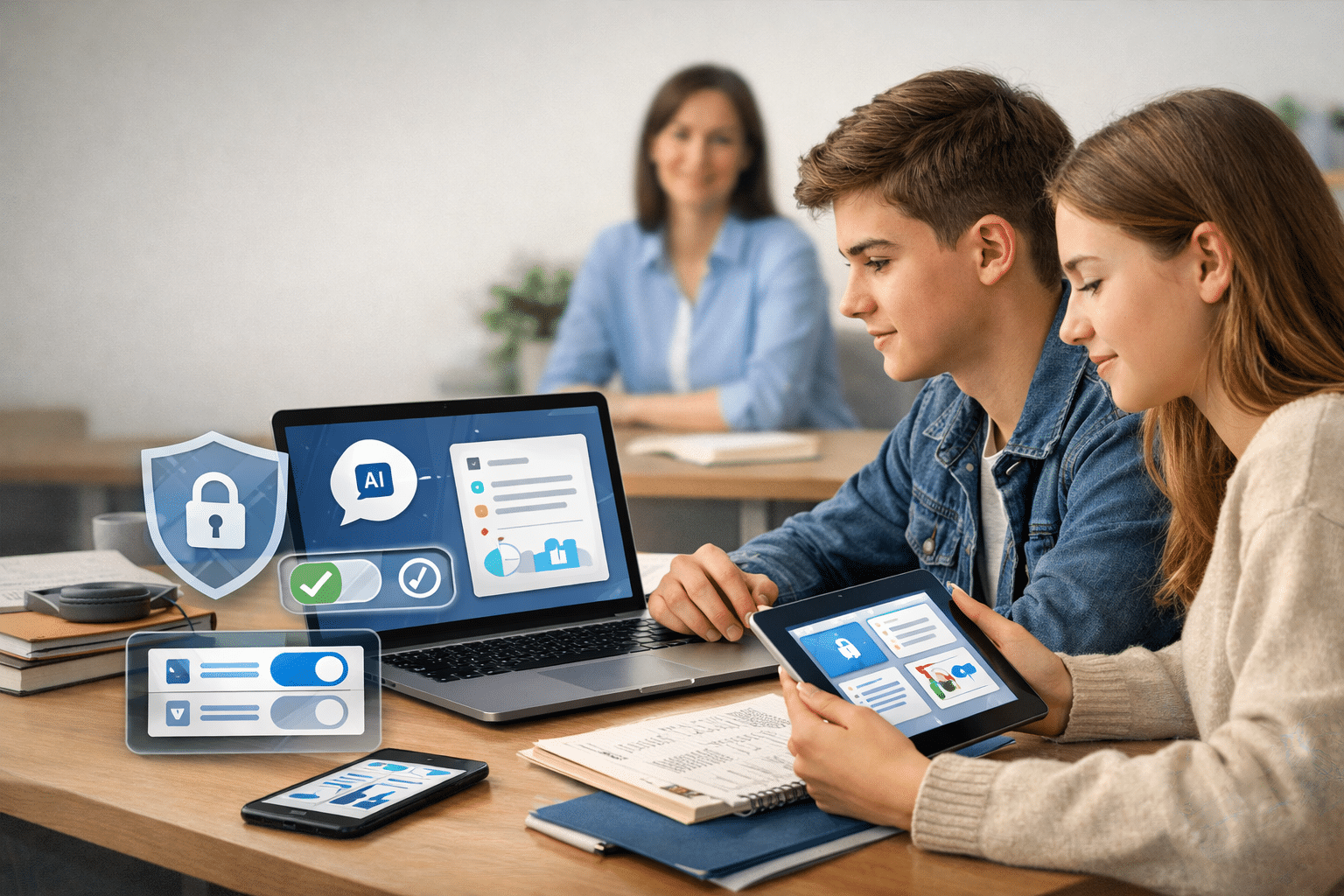 KI Tools für Schüler unterstützen den Lernalltag auf Laptop und Tablet, begleitet von visuellen Hinweisen zu Datenschutz und Sicherheit.