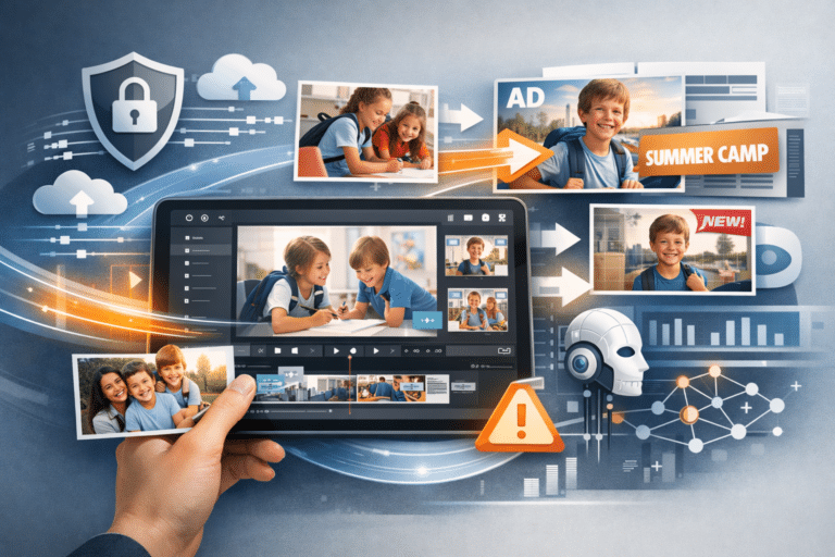 Grafik zeigt Videobearbeitungs-App (z.B. CapCut) mit Kinderbildern und Datenfluss zu Werbung und KI-Analyse.